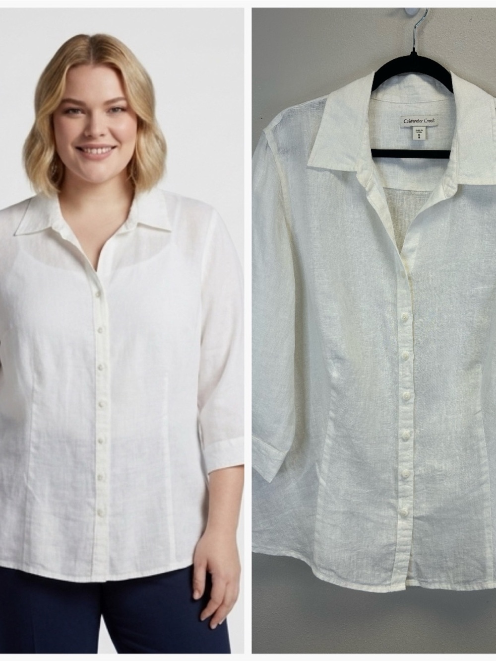Linen 3/4 Long Sleeve Top White Plus Size 1X 18 Travel Vacation Beachy Clean